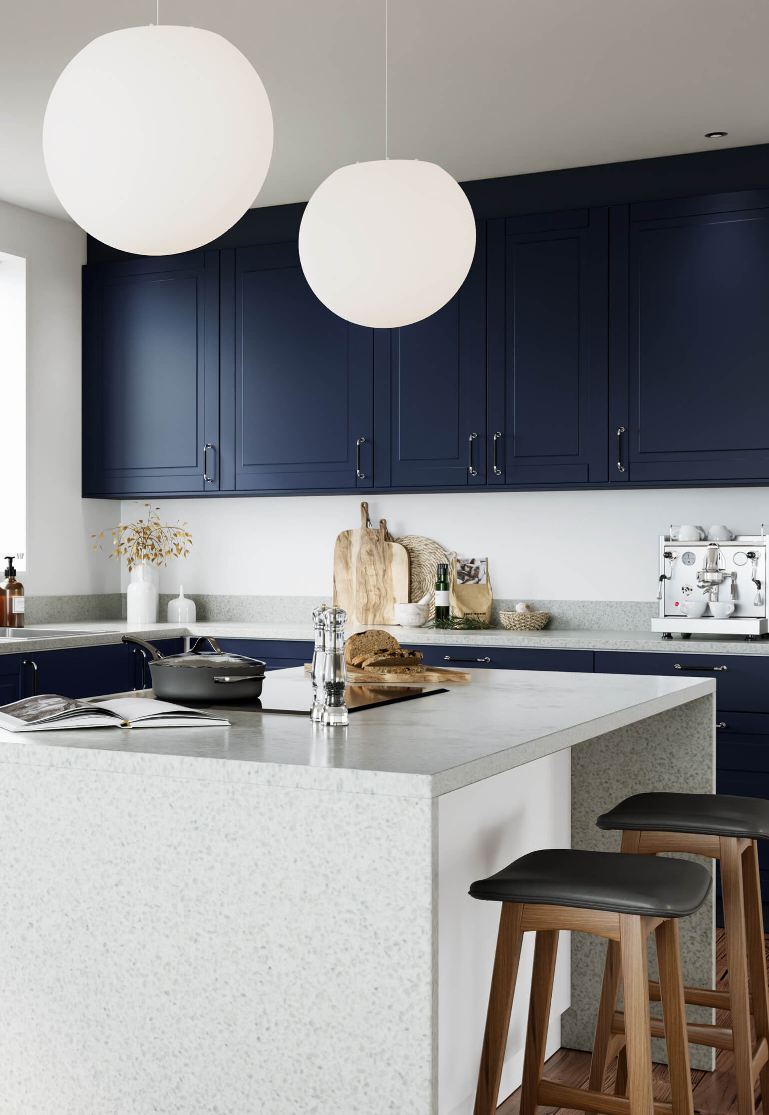 HärjedalsKök, blått kök med köksö och pallar